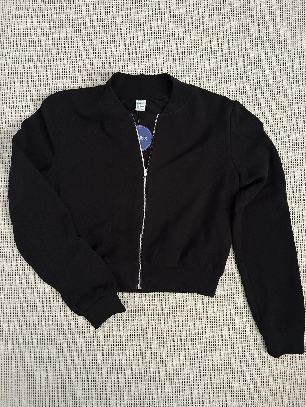 Cropped Black Bomber Jacket with Front Zip - Unbranded